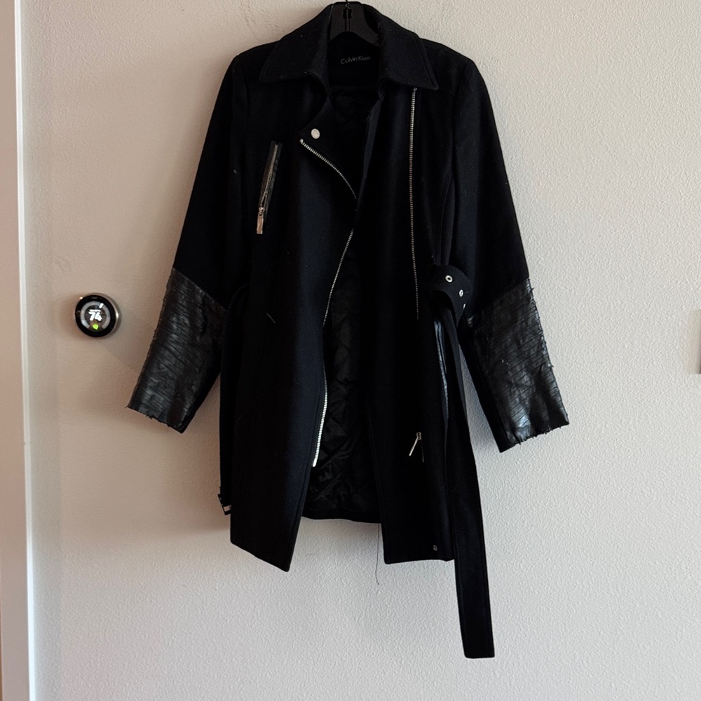 Calvin Klein Black Trench Coat with Leather Accents